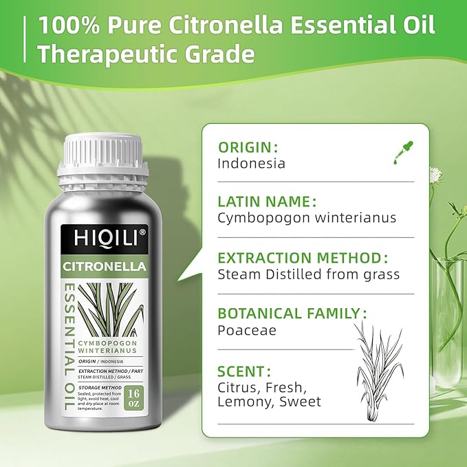HIQILI 16 Fl Oz Citronella Oil for Homemade Sprays, Add to Diffuser, 100% Pure and Natural Undiluted-Velvo Beauty