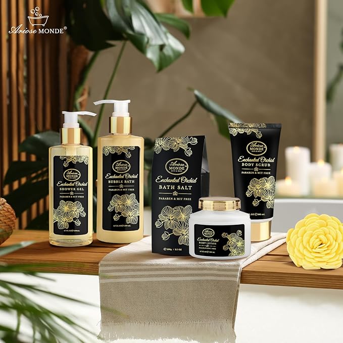Spa Gift Baskets for Women, Gift Set for Mom Enchanted Orchid Scent, Home Spa Kit with Bubble Bath, Body Lotion, Bath Bomb, Bath Salt, Bath Gift Baskets, Birthday Gifts for Women-Velvo Beauty