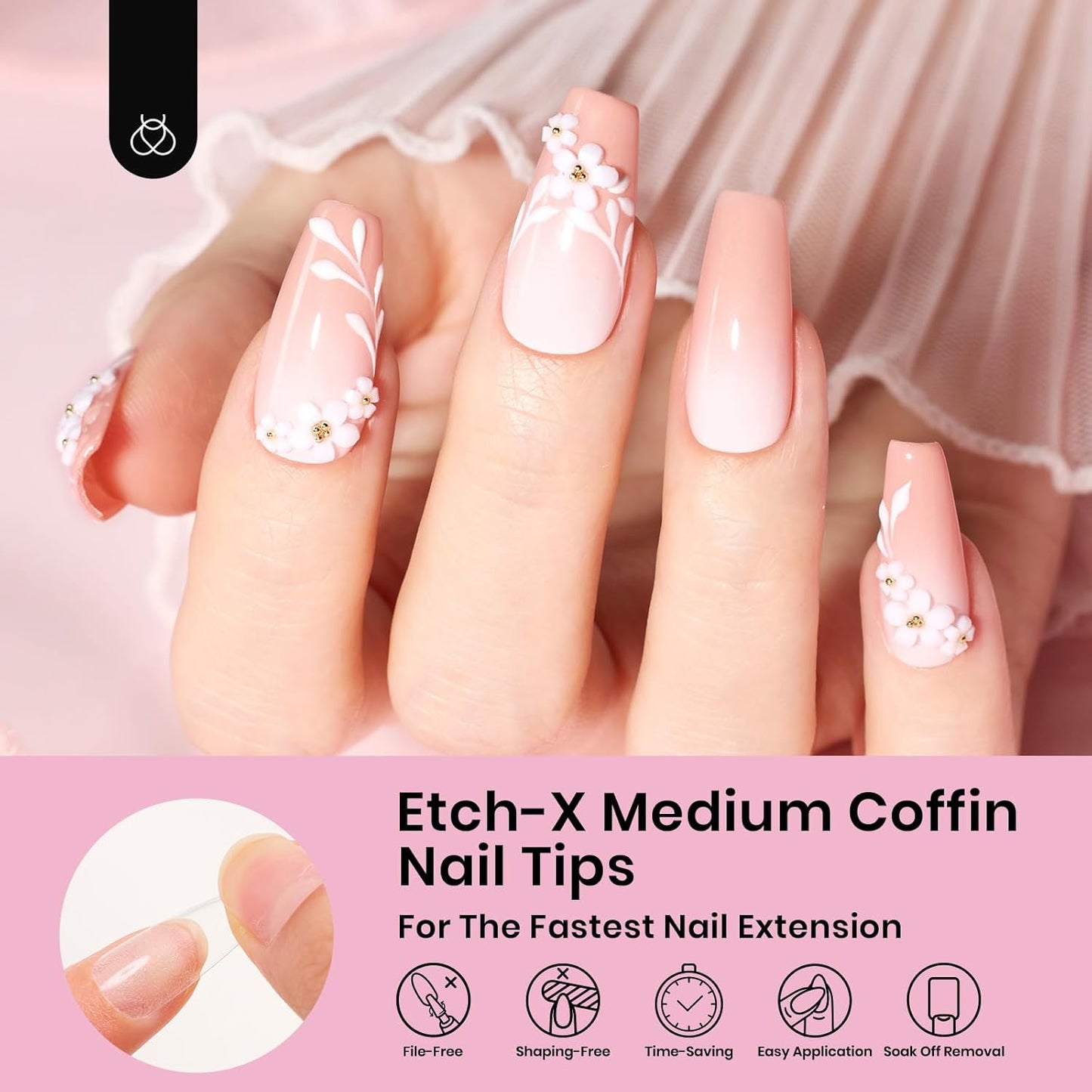 Beetles Gel Nail Tips Medium Coffin 576PCS Etch X Nail Tips, 12 Sizes Pre Shaped Half Matte Press On Nails Full Cover False Nails Acrylic Nails Glue on Nails Extensions Set for Women Home DIY-Velvo Beauty