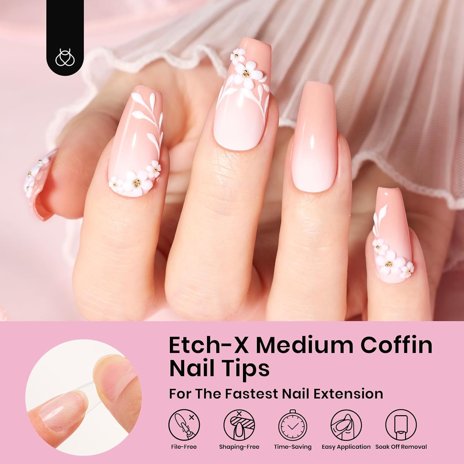 Beetles Gel Nail Tips Medium Coffin 576PCS Etch X Nail Tips, 12 Sizes Pre Shaped Half Matte Press On Nails Full Cover False Nails Acrylic Nails Glue on Nails Extensions Set for Women Home DIY-Velvo Beauty