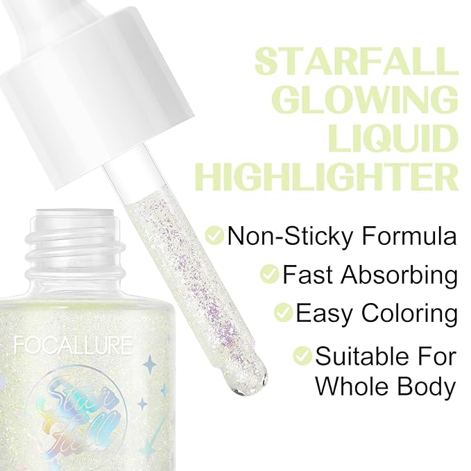 FOCALLURE Starfall Glowing Liquid Highlighter, Shimmering Body Oil, Non-Sticky Shimmer Liquid Luminizer, Non-Greasy, Face & Body Glitter Makeup for Costumes, Cosplay, Rave Festival, FIRELY FOREST-Velvo Beauty