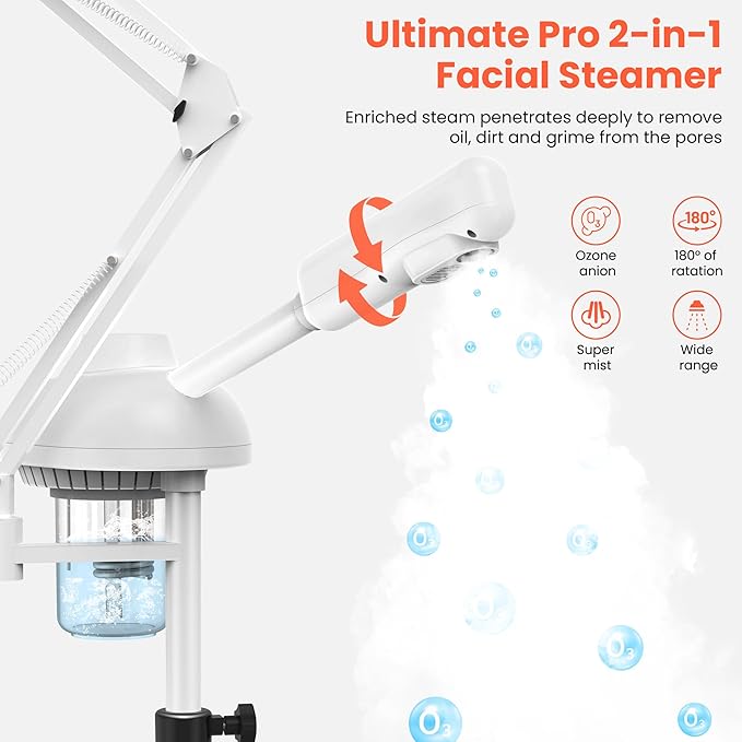 TASALON 2-in-1 Professional Facial Steamer with 5X Magnifying Lamp, Esthetician Steamer on Wheels, White, Facial Steamer, Cleansing, Hydrating, Pore Treatment-Velvo Beauty