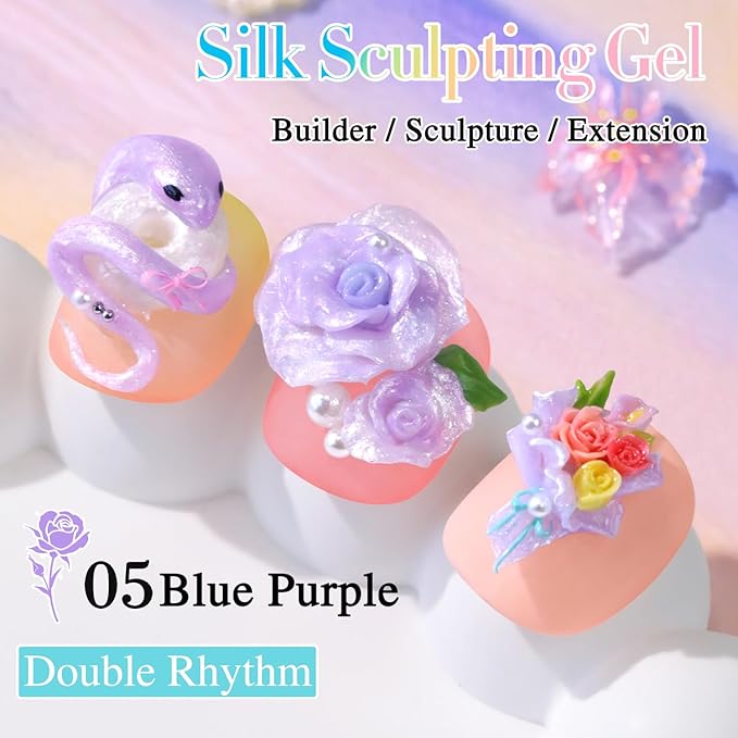 Double Rhythm 3D Nail Gel Pearl Solid Sculpting for Nail Art Non-Sticky Hard for Building Carving Molding Extension Soak Off UV/LED Nail Art Salon Home DIY 0.5 Oz (Purple-Silk 05)-Velvo Beauty