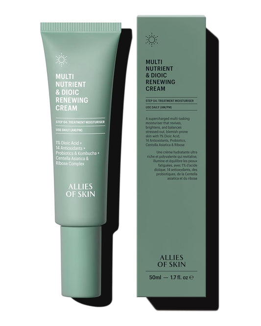 Allies of Skin Multi Nutrient & Dioic Renewing Cream: Moisturizer with Dioic Acid, 14 Antioxidants, Probiotics & Centella Asiatica. Targets Imperfections, Brightens & Protects Skin 1.7 oz / 50 ml-Velvo Beauty