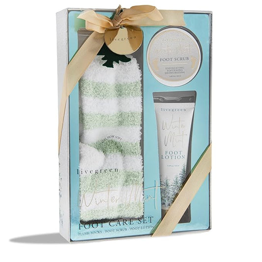 Live Green Bath and Body Set- Foot Spa Set with Fuzzy Socks, Lotion, and Scrub (Winter Mint)-Velvo Beauty