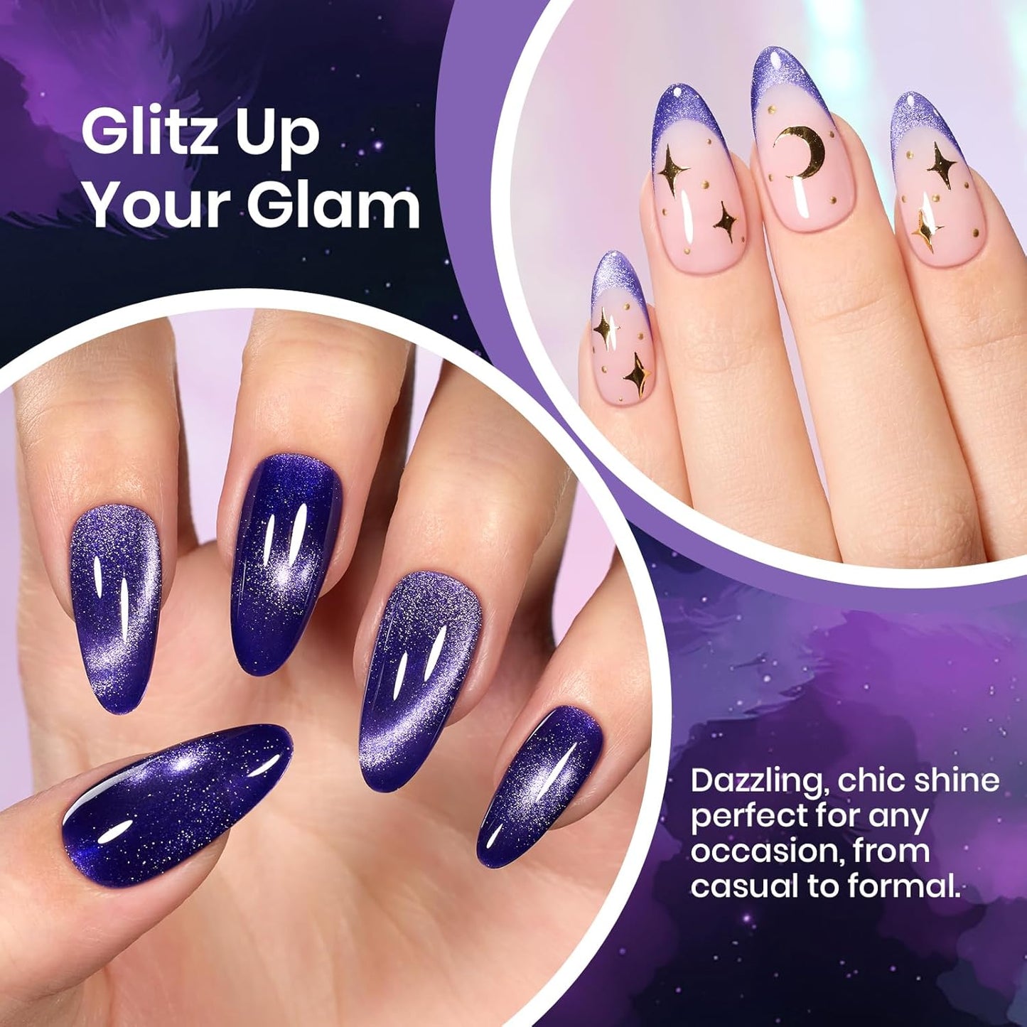 Beetles Cat Eye Gel Nail Polish, 15ML Purple Cat Eye Holographic Glitter Gel Polish with Magnet Soak Off UV Shimmer Velvet Gel Celestial Veil Series French Nail Art Design Manicure Gifts for Women-Velvo Beauty