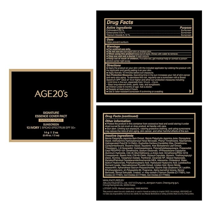 AGE20'S Signature Essence Pact SPF 50+ | Pack of 2 | 13 Ivory | Cream Foundation, Dewy Finish, Natural Coverage | Korean Cushion Foundation-Velvo Beauty