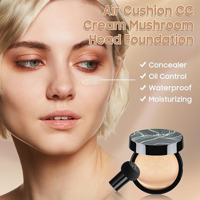 Air Cushion CC Cream Foundation - Mushroom Head BB Creams, Long Lasting Concealing Brightening, Moisturizer Face Cream,Facial Skin Care Makeup For All Skin Types (Natural)-Velvo Beauty