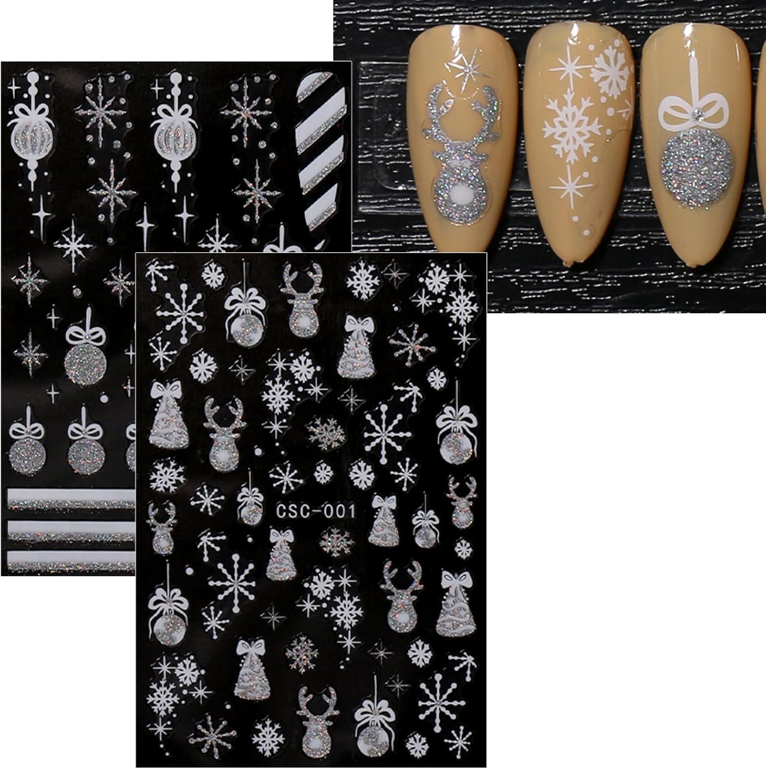 JMEOWIO 8 Sheets Christmas Glitter Nail Art Stickers Decals Self-Adhesive Snowflake Winter Holiday Cute Silver White Nail Supplies Nail Art Design Decoration Accessories-Velvo Beauty