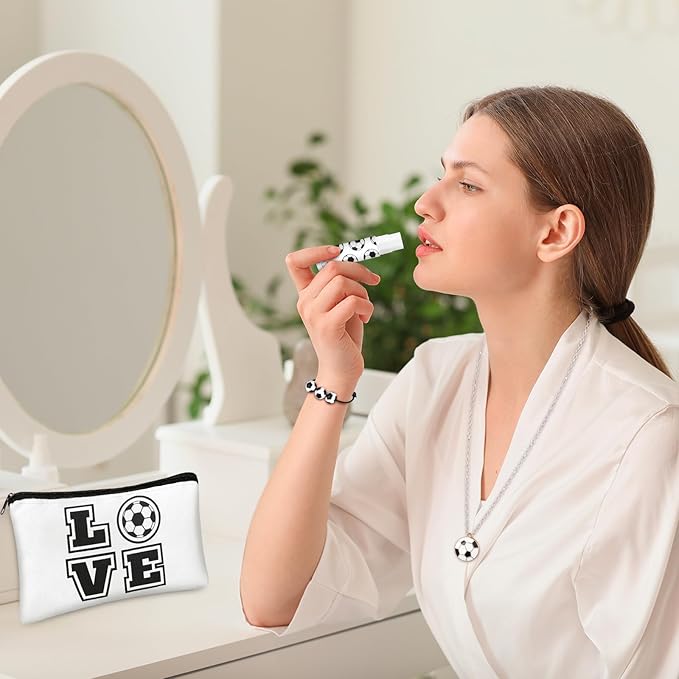 72 Pcs Sports Team Gifts Include 12 Makeup Bags 12 Lip Balm 12 Lip Balm Holder 12 Necklace 12 Adjustable Bracelet 12 Mirrors for Sports Lovers Players Party Favors (Black, Soccer)-Velvo Beauty