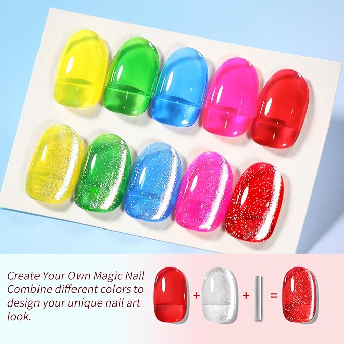 Born Pretty Neon Jelly Gel Nail Polish Glass Crystal Spring Summer Transparent Ice Jelly Gel Polish with Silver Holographic Glitter Cat Magnetic Eye Gel Polish Collection Minicure DIY Gifts 6PCS-Velvo Beauty