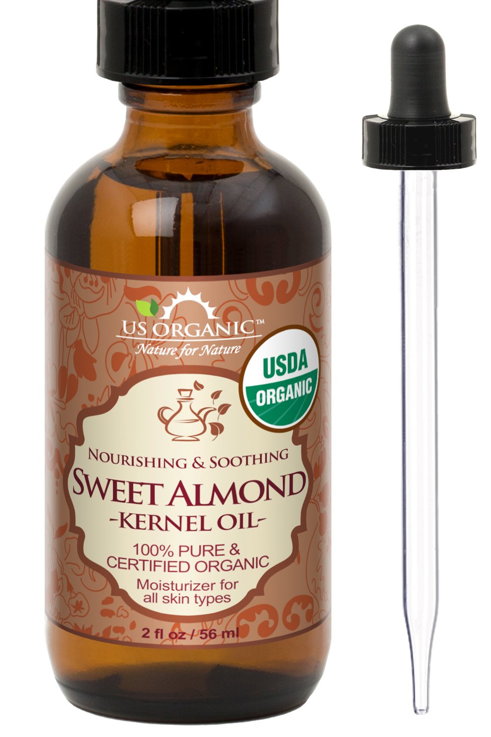 US Organic Sweet Almond Kernel Oil, USDA Certified Organic,100% Pure & Natural, Cold Pressed Virgin, Unrefined in Amber Glass Bottle w/Eyedropper, Sourced from Poland (2 oz (56 ml))-Velvo Beauty