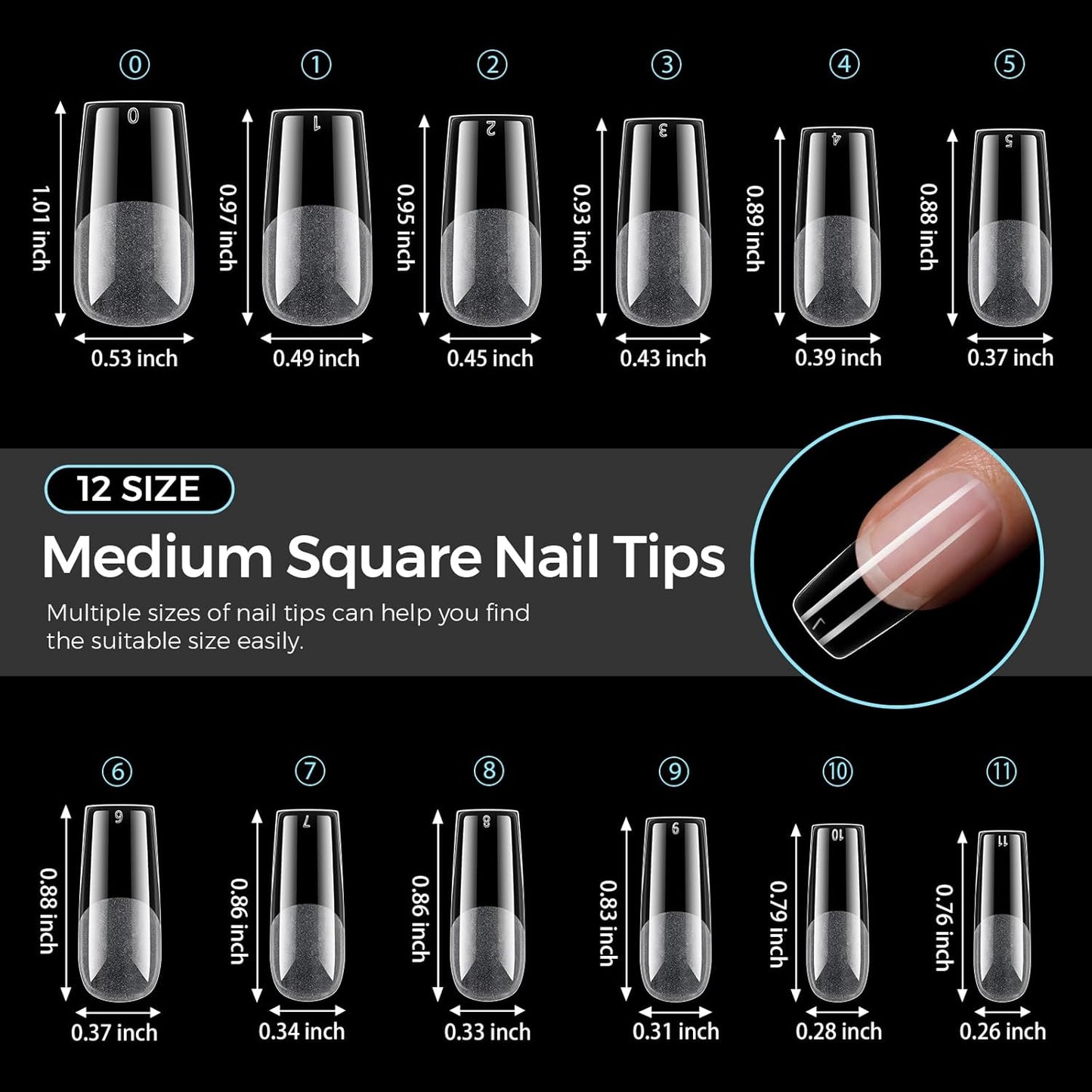 TOMICCA Medium Square Nail Tips Acrylic Nails 240Pcs Acrylic Nail Kit Pre-shape Full Cover Clear Nails Gel Nail Tips for Extension Nail Home DIY, 12 Sizes-Velvo Beauty