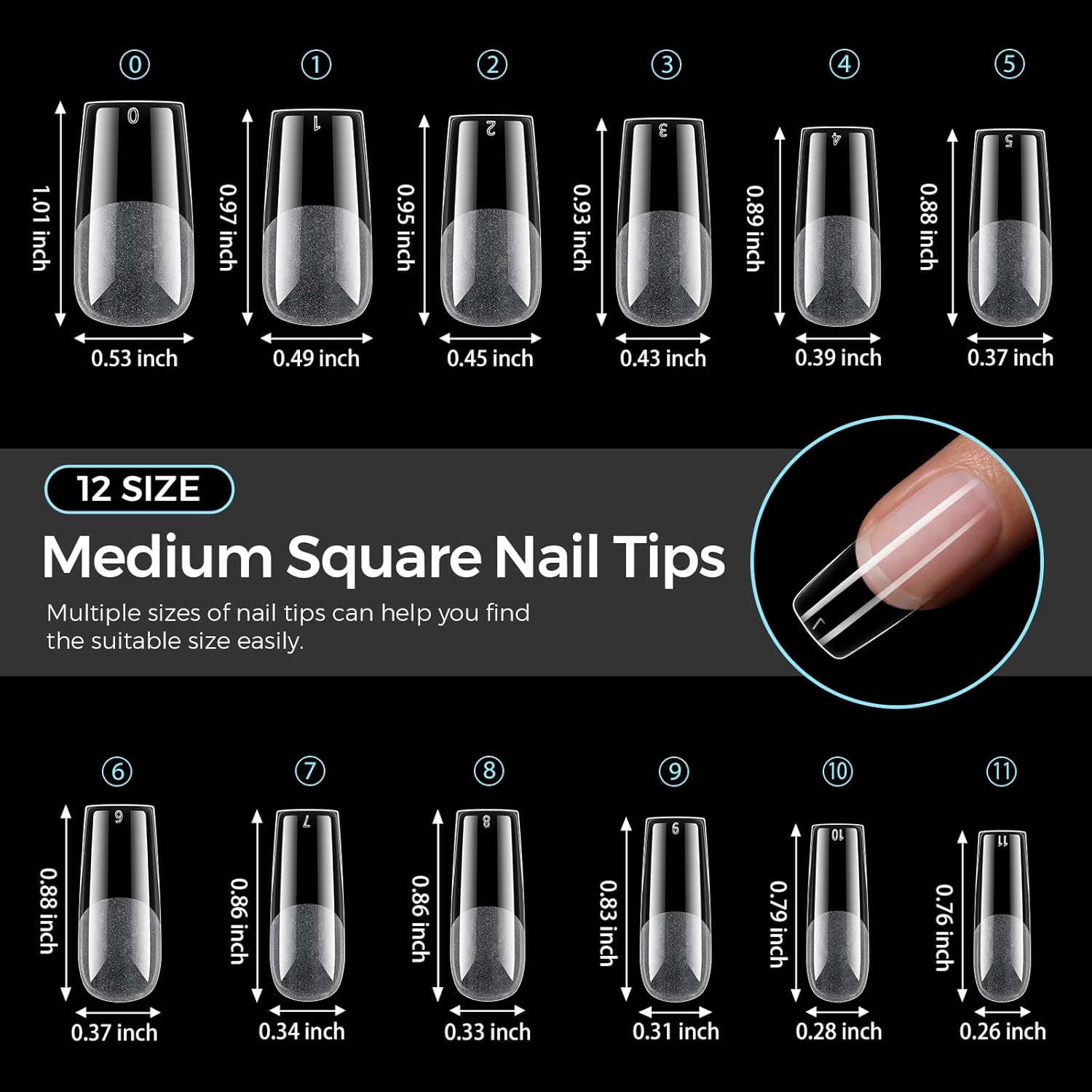 TOMICCA Medium Square Nail Tips Acrylic Nails 240Pcs Acrylic Nail Kit Pre-shape Full Cover Clear Nails Gel Nail Tips for Extension Nail Home DIY, 12 Sizes-Velvo Beauty