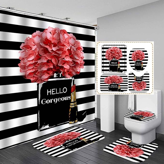 4PCS Hello Gorgeous Shower Curtain Set Watercolor Red Floral Black and White Striped Perfume Lipstick Makeup Vintage Modern Fashion Women Bathroom Decor Non-Slip Bath Mat Toilet Rug, Hydrangea-Velvo Beauty