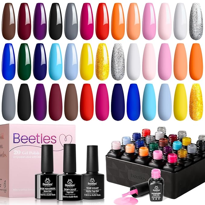Beetles Fall Gel Nail Polish Set - 20 Pcs Neon Nail Gel Polish Set Soak Off Uv LED Gold Sliver Glitter Nail Polish Kit Blue Pink Black White Uv for Nail Art Salon Gift for Women-Velvo Beauty