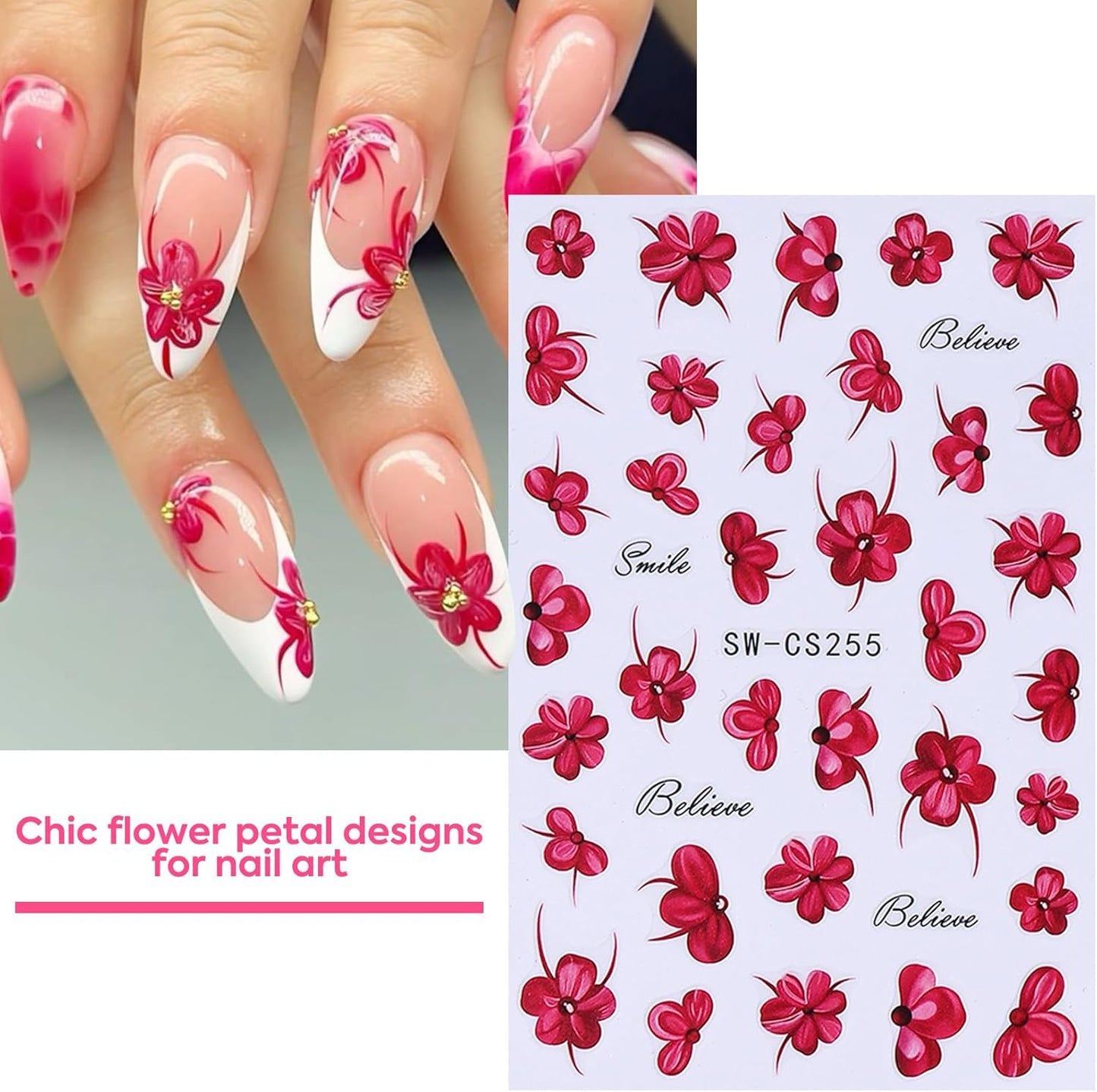 Flower Petal Nail Art Sticker 12 PCS Simple French Floral Nail Decals Lily Orchid Leaves Flamingo Designs with Tweezers Hot Pink Blue Purple Green Flower Sliders Nail Art Decoration DIY Accessories-Velvo Beauty