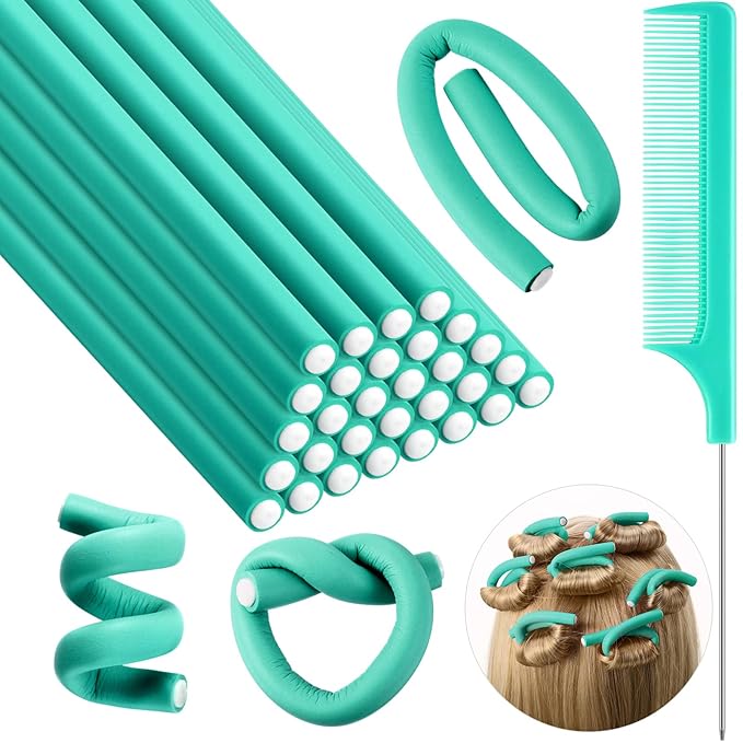 Syhood 30 Pcs 7'' Flexible Curling Rods Twist Foam Hair Rollers Soft Foam No Heat Hair Rods Rollers and 1 Steel Pintail Comb Rat Tail Comb for Women Long Short Hair(Lake Green,7 x 0.3 Inch)-Velvo Beauty