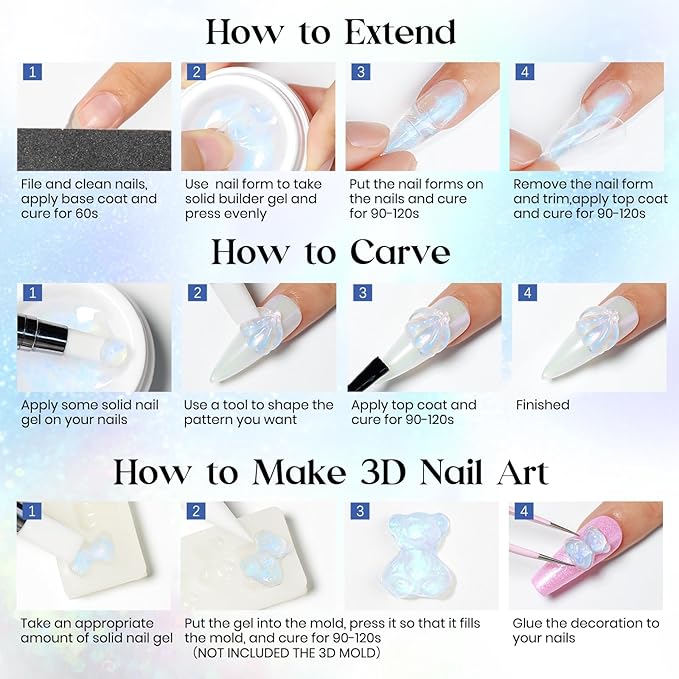 MIZHSE Non-Sticky Solid Builder Gel, Aurora Blue and Clear Sculpting Gel for Nails, Mermaid Pearl Building Carving Modeling Hard Extension 3D Nail Art Salon Home DIY-Velvo Beauty