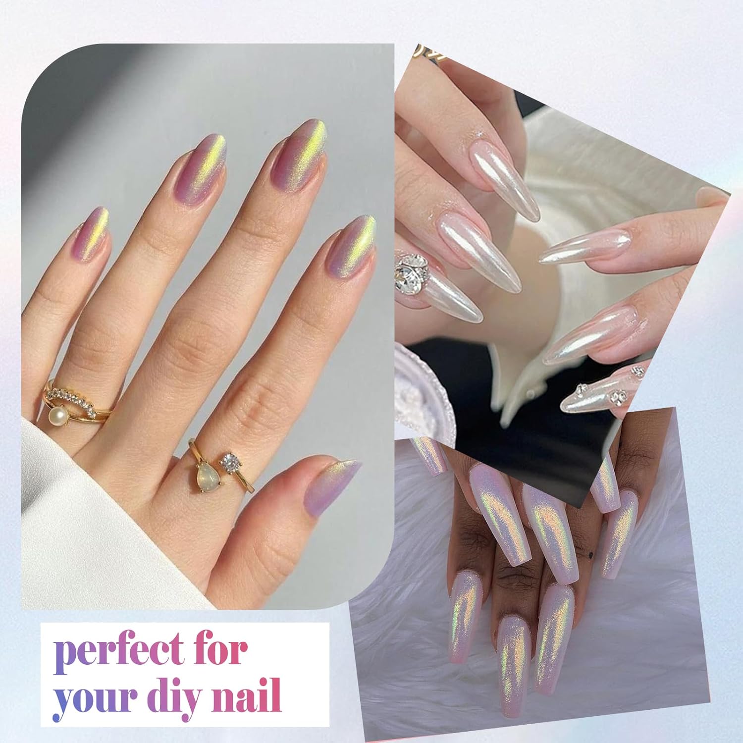 SIUSIO White Pearl Chrome Nail Powder,Iridescent Aurora Powder Metallic Mirror Effect Pigment Pearlescent Mermaid Pigment Pearl Glitter Dust Kit, Nail Art Decoration, Resin Craft-Velvo Beauty