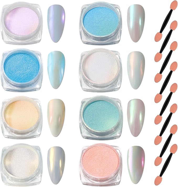Laza Mermaid Pearl Chrome Nail Powder, 8 Colors Metallic Mirror Effect Pigment, Iridescent Aurora Nail Glitter Dust Kit for Gel Nail Art Decoration, Resin Craft, Gifts - Sweet Candy-Velvo Beauty