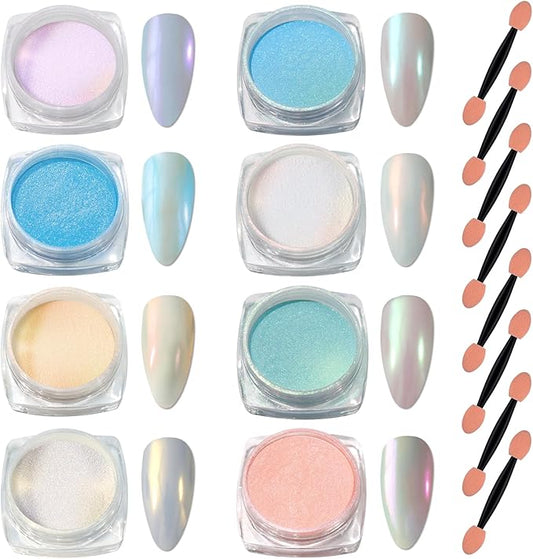 Laza Mermaid Pearl Chrome Nail Powder, 8 Colors Metallic Mirror Effect Pigment, Iridescent Aurora Nail Glitter Dust Kit for Gel Nail Art Decoration, Resin Craft, Gifts - Sweet Candy-Velvo Beauty