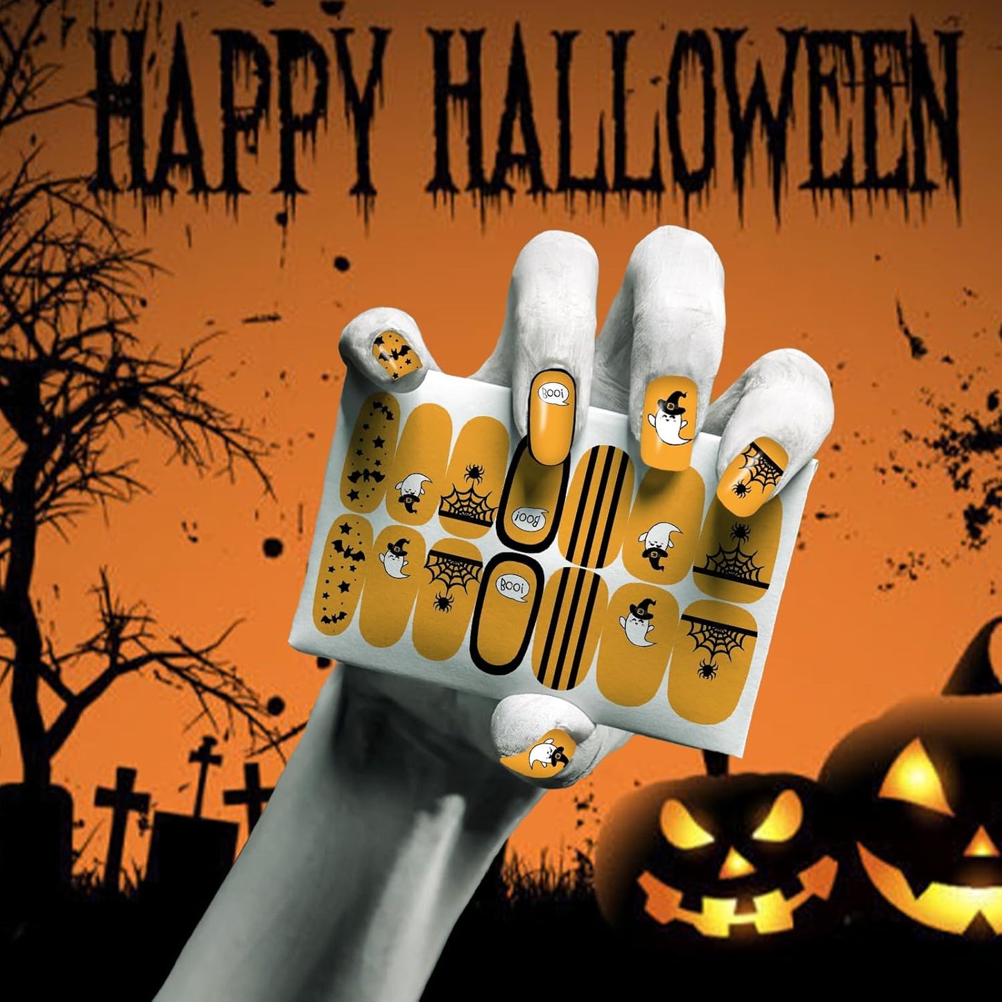 12 Sheets Halloween Nail Wraps Stickers, Nail Polish Strips DIY Self-Adhesive Full Glitter Nail Art Decals Pumpkin Bat Ghost Spider Skull Pattern with 2 Piece Nail Files for Party Decor (168 Pieces)-Velvo Beauty