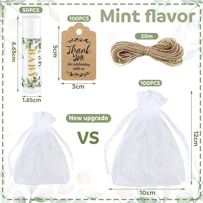 Demissle 50 Pcs Baby Shower Lip Balm Gift Set with 100 Pcs Organza Bags Baby Shower Party Favor for Guest Thank You Tag Rope Baby Shower Party Decoration Gender Reveal Souvenirs (Leaves)-Velvo Beauty