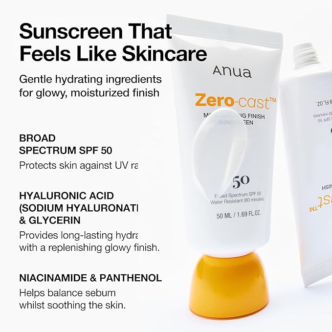 Anua Zero-Cast Moisturizing Finish Sunscreen,SPF 50, Glow Natural Sunscreen,No White cast, Hyaluronic Acid, Niacinamide sun block for face,Oil-Free, Oxybenzone free, Travel Essential (50ml/1.69fl.oz)-Velvo Beauty