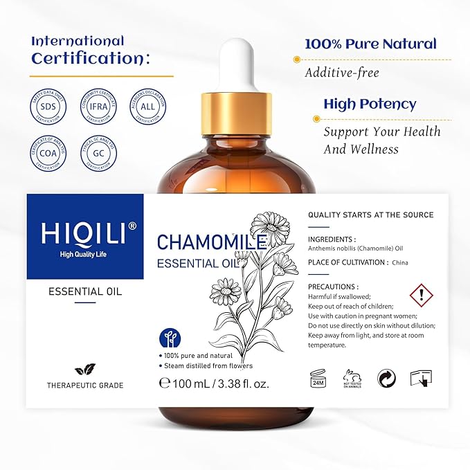 HIQILI 100ML Chamomile Essential Oil, Pure & Natural Chamomile Oil for Diffueser, Skin, Soap, Shampoo - 3.38 Fl Oz-Velvo Beauty