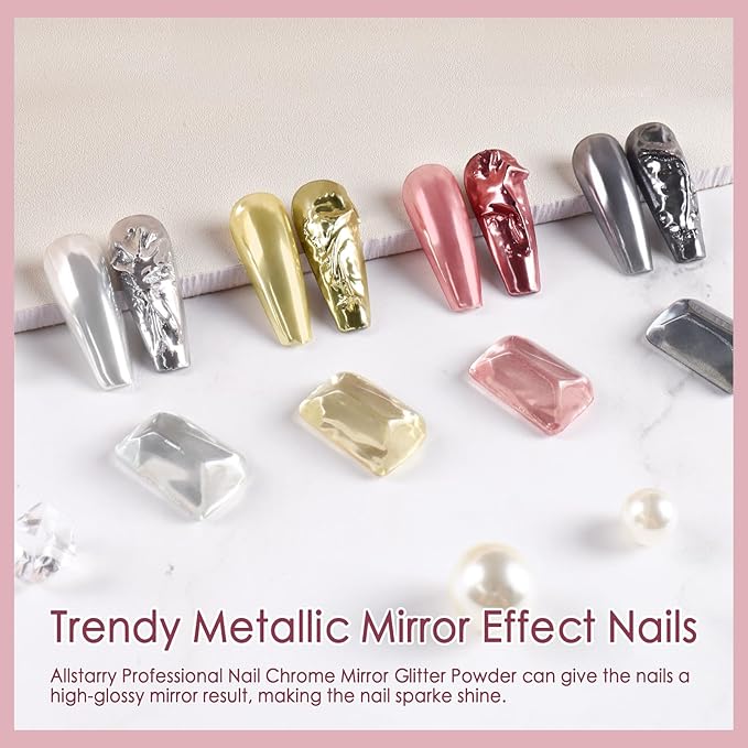 Allstarry Gold and Silver Chrome Nail Powder, 4 Colors Metallic Effect Mirror Chrome Powder Pigment Holographic Manicure Pigment Gold Siver Pink Chrome Nail Glitter-Velvo Beauty