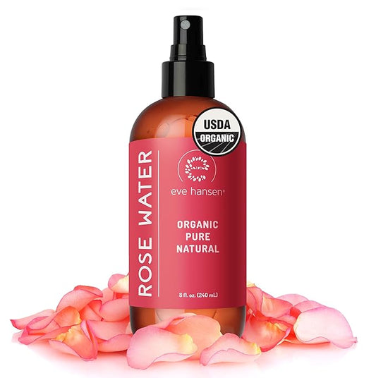 Eve Hansen Organic Rose Water Spray for Face | Huge 8 oz Moroccan Rosewater Face Toner and Makeup Setting Spray | Soothing Neck and Face Mist to Reduce Eye Puffiness, Dark Circles and Redness-Velvo Beauty