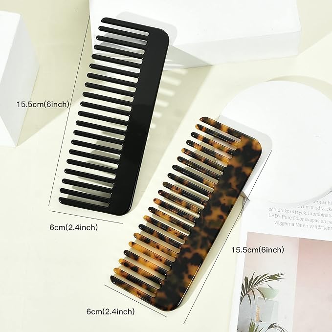 Fsmiling Wide Tooth Comb Large Detangling Comb Cellulose Detangler Comb for Thick Curly Wavy Wet Dry Hair 2 Pack,Black/Tortoise-Velvo Beauty