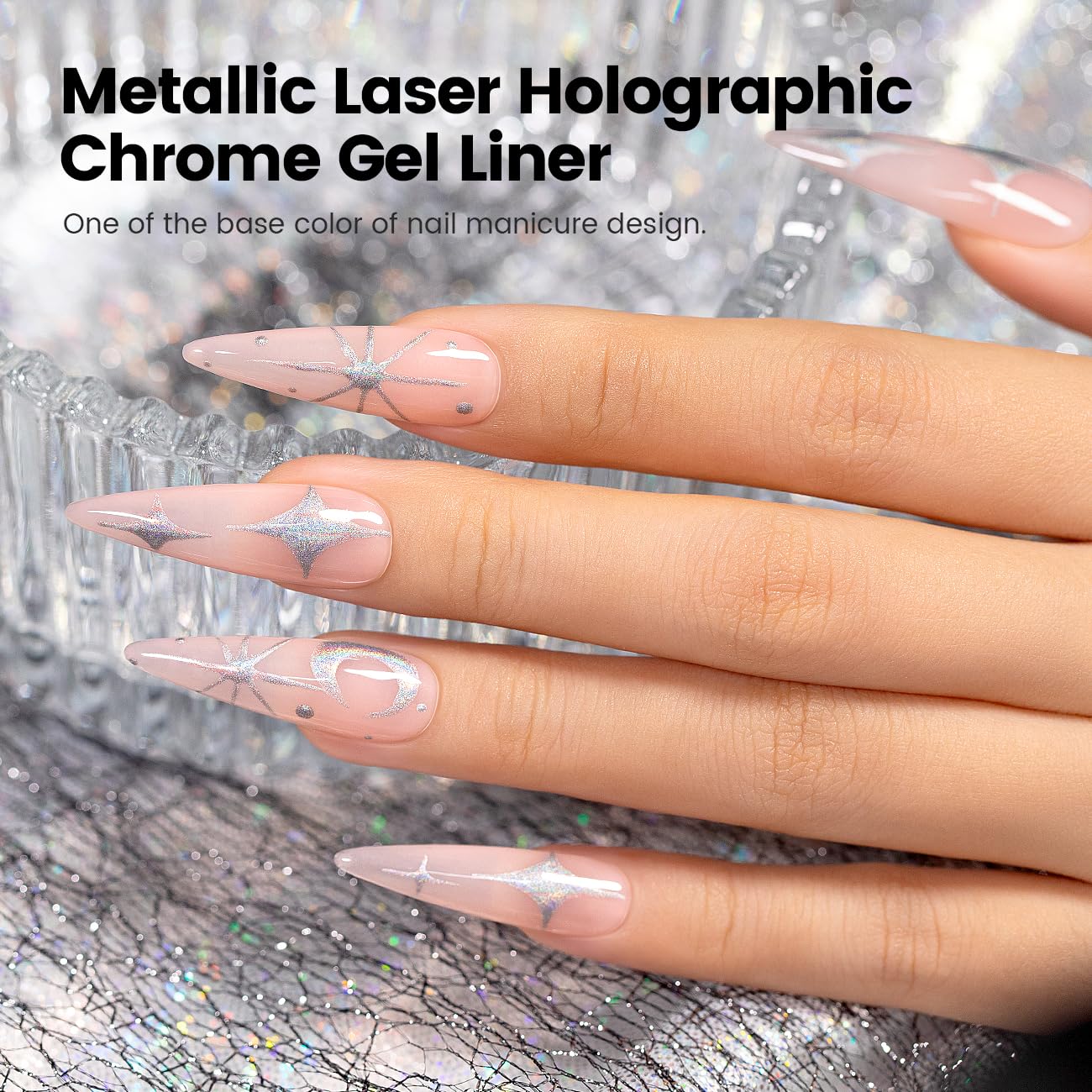 RARJSM Metallic Silver Nail Art Gel Liner Mirror Chrome 3D Holographic Laser Rainbow Effect Gel Nail Polish 8ml Build in Thin Brush Painted Drawing Striper Painting Curing Requires for Home Salon-Velvo Beauty