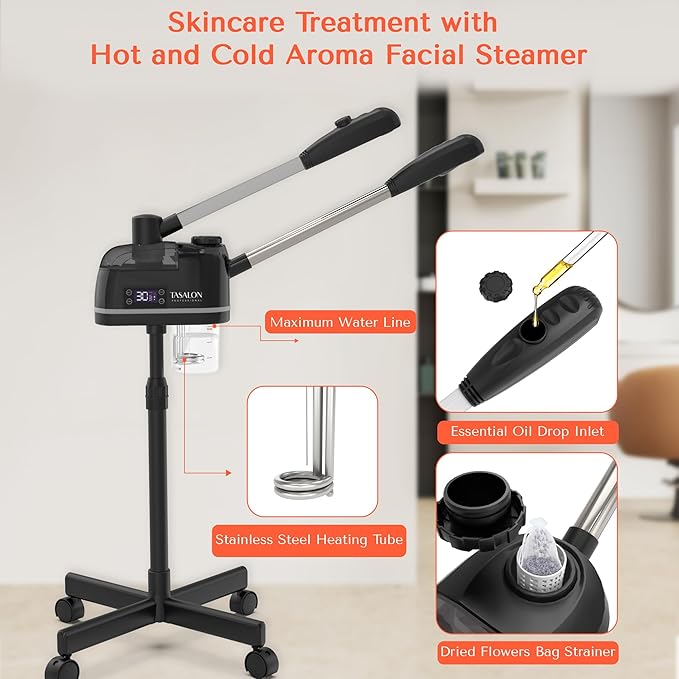 TASALON 2 in 1 Professional Facial Steamer on Wheels -with Ozone and Hot & Cold Mist, Ionic Facial Steamer Kit for Facial Deep Cleaning and Moisturize, SPA & Home, Ozone Face Humidifier - Black-Velvo Beauty