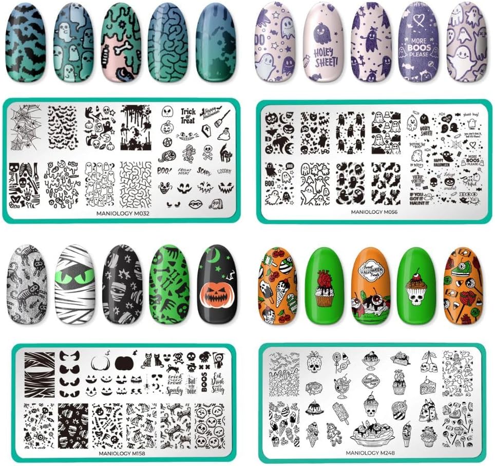 Maniology Creepy Cute Nail Stamping Plate Set, Halloween Plates Bundle (Fright Night (M032), Ghosted (M056), Bad to The Bone (M158), Halloween Treats (M248))-Velvo Beauty