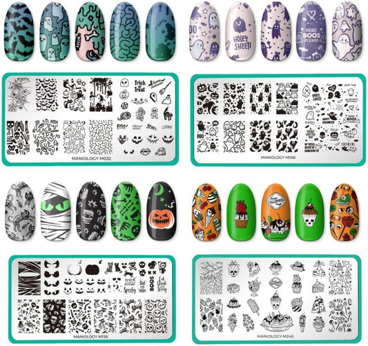 Maniology Creepy Cute Nail Stamping Plate Set, Halloween Plates Bundle (Fright Night (M032), Ghosted (M056), Bad to The Bone (M158), Halloween Treats (M248))-Velvo Beauty