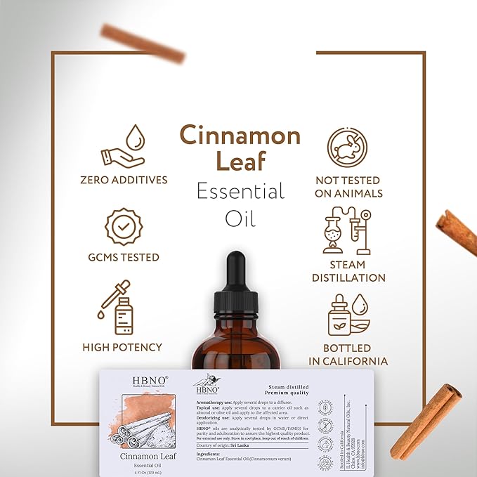 HBNO California Bottled Cinnamon Essential Oil (Leaf) 4 fl oz (120ml) - Natural Cinnamon Essential Oil for Diffuser - Perfect for Cleaning, Aromatherapy, DIY, Soap & Diffuser -Velvo Beauty