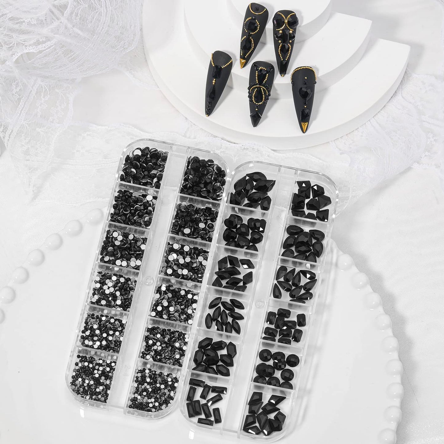 HNUIX Nail Rhinestones - 3D Multi Shape Size Crystal, Black Nail Gems, Flat Back, with Kit, for Nail Art, DIY Decorations-Velvo Beauty