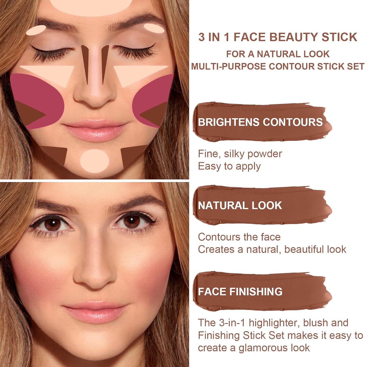 3 Colors Cream Contour Stick, Shades with Highlighter Stick,Blush Stick and Bronzer Contour Stick for Sculpt the Cheeks,Long Lasting,Waterproof,Matte & Dewy Finish for Women (LIGHT FAIR(8+10+12))-Velvo Beauty