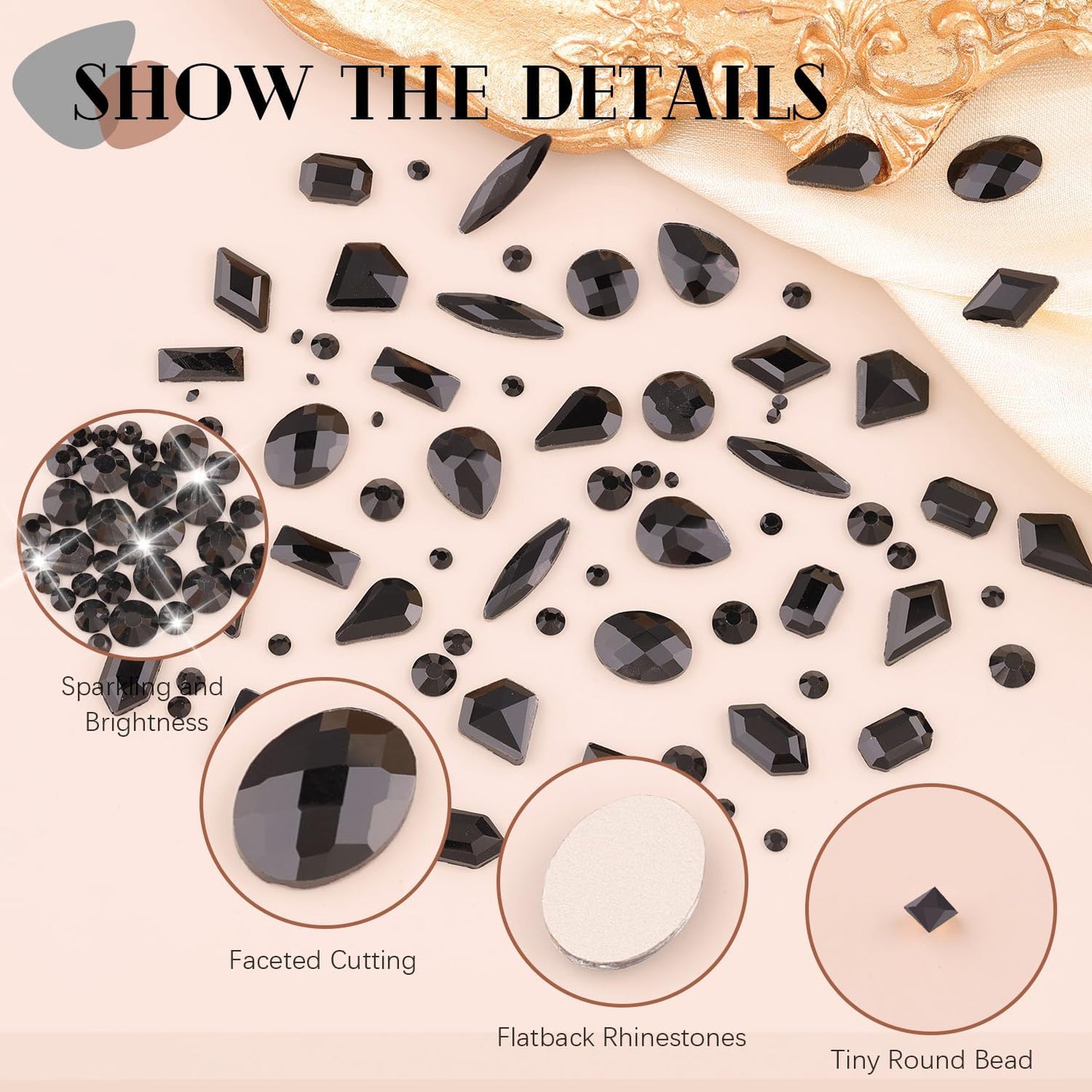2630Pcs Black Glass Nail Rhinestones: 120Pcs Multi Shapes + 2510Pcs 1.5-4mm Round, Nail Art, Manicure, Craft Beads-Velvo Beauty