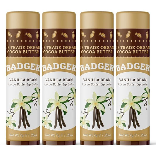 Badger Vanilla Bean Cocoa Butter Lip Balm, Long Lasting Hydrating Lip Care, 100% Organic Lip Balm, Large Size Stick, 4-pack-Velvo Beauty