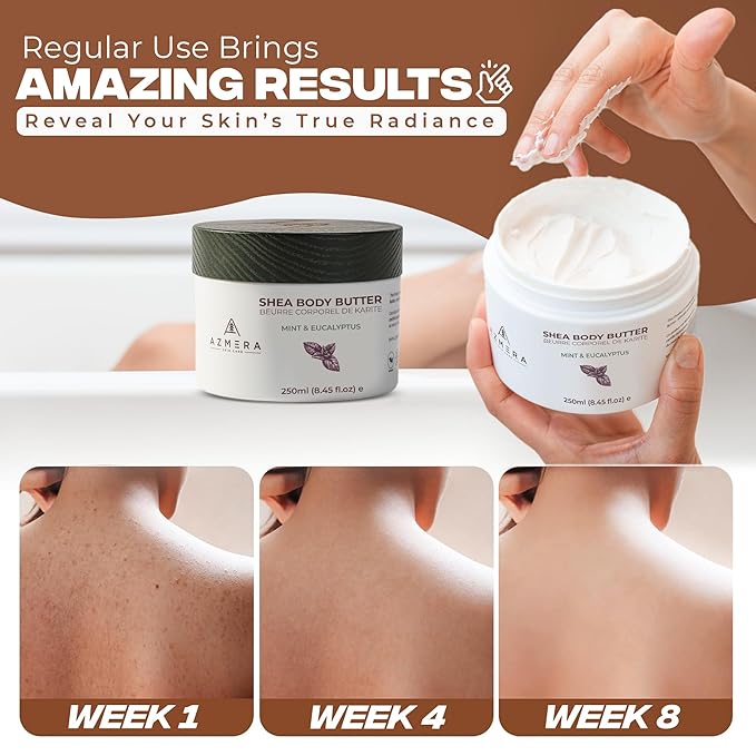 AZMERA Handcrafted Whipped Shea Body Butter – Refreshing Mint & Eucalyptus Scented Moisturizer for Dry, Sensitive Skin, Argan Oil & Vitamin E – Vegan, Non-Greasy Skincare – 8.82 oz-Velvo Beauty