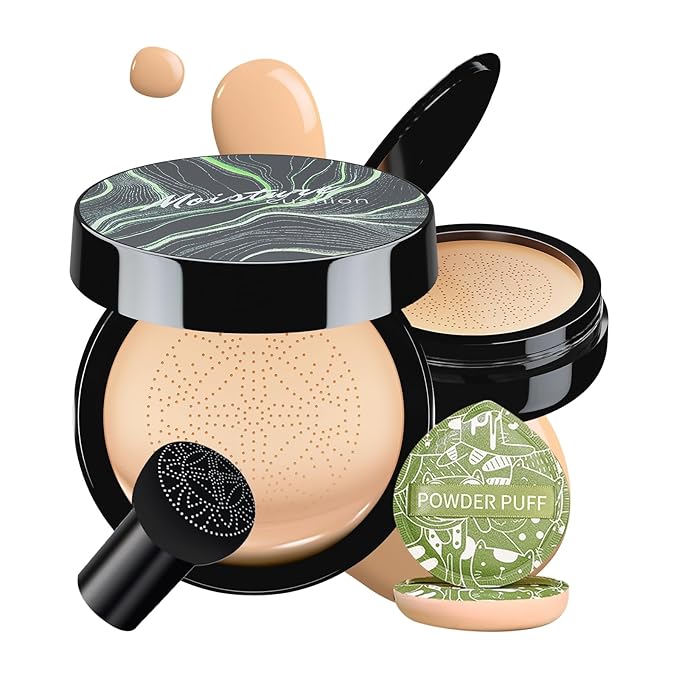 Mushroom Head Air Cushion CC Cream, Long-Lasting Brightening BB Cream Foundation With Powder Puff for Face Makeup and Mature Skin, Moisturizing Full Coverage Self Adjusting Concealer (Natural)-Velvo Beauty