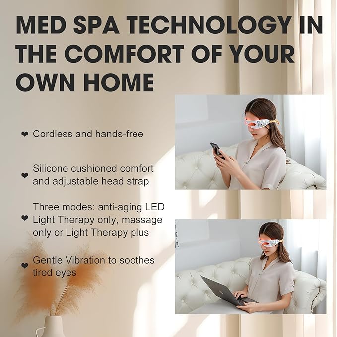LED Red Light Therapy Eye Device, 3 Modes Red Light Eye Mask with Multi-Frequency Vibration for Anti-Aging, Skin Rejuvenation, Dark Circles, Eye Bags and Wrinkles-Velvo Beauty