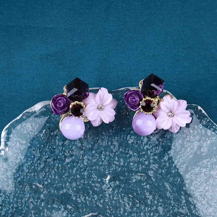 Boho Amethyst Flower Drop Earrings Vintage Purple Rhinestones Flora Petal Earrings Statement Purple Rose Studs Wedding Prom Geometric Crystal Flower Earrings Jewelry for Women-Velvo Beauty