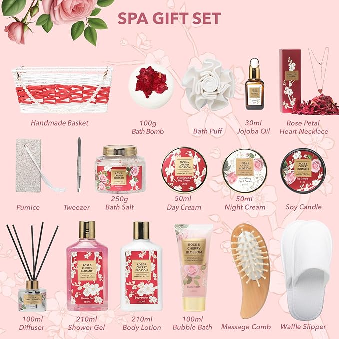 Mothers Day Gifts for Mom Rose & Cherry Blossom Spa Gift Set for Women - 19-Piece Luxury Bath & Body Care Kit with Necklace, DIY Chain, Shower Gel | Valentine's Day, Christmas Gifts for Her, Wife-Velvo Beauty