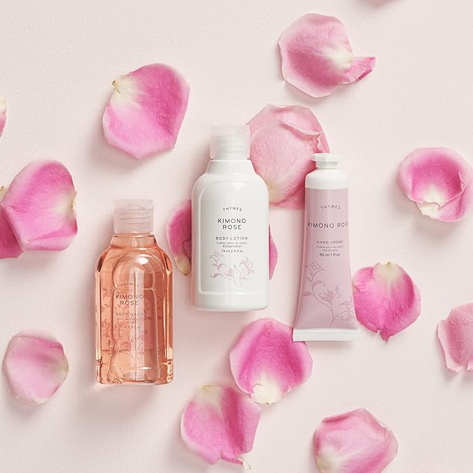 Thymes Travel Set and Beauty Bag - Contains Body Wash, Body Lotion & Hand Cream - Kimono Rose-Velvo Beauty