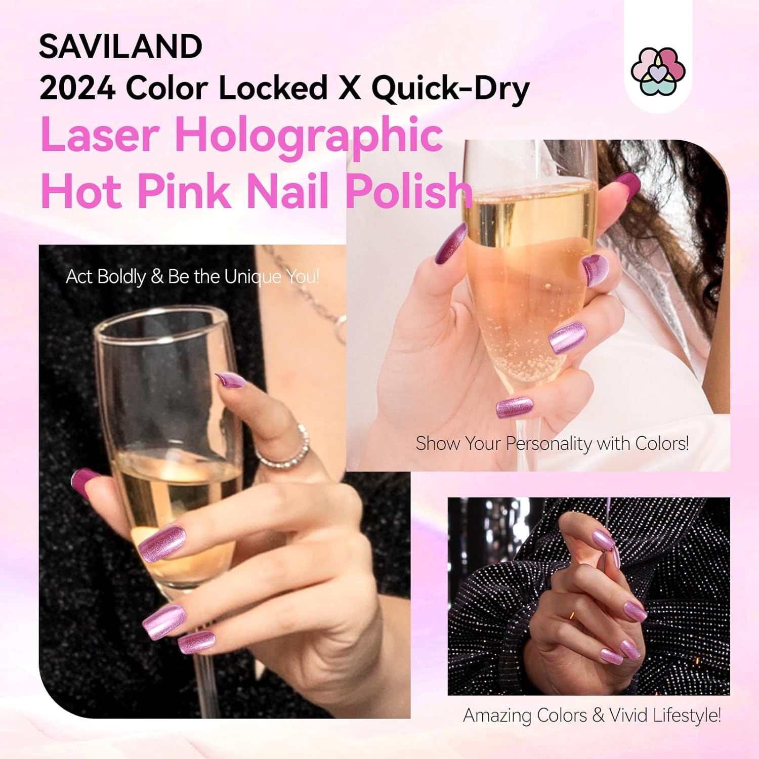 SAVILAND Holographic Nail Polish Pink: Metallic Chrome Nail Polish Air Dry Fast,10 ml/0.34 oz High Glossy Shimmer Glitter Nail Pigment Oil-based Fingernail Polish for Salon DIY Home for Women-Velvo Beauty