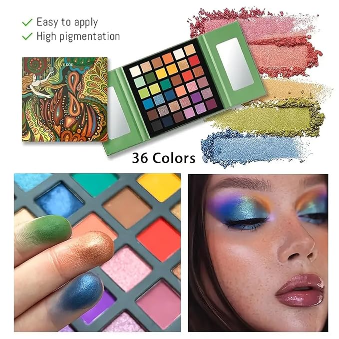 K'APEINE 36 Colors Eyeshadow Palette, Colorful Eyeshadows Palette Neon Shimmer Matte Glitter Eye Shadow High Pigmented Shadow Set Long Lasting Eye Makeup for Women-Velvo Beauty